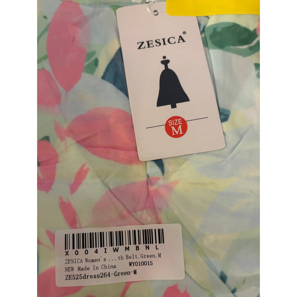 ZESICA Womens Floral V Neck Flutter Sleeve Belted Maxi Dress Green Multi Size M - Picture 3 of 4